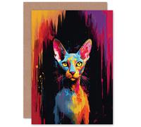 Artery8 Sphynx Cat Lover Gift Pet Portrait Colourful Artwork Painting Sealed Greeting Card Plus Envelope Blank inside