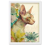 Artery8 Sphynx Cat with Floral Tattoo in Flower Blooms Colourful Modern Watercolour Illustration Artwork Framed Wall Art Print A4
