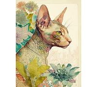 Artery8 Sphynx Cat with Floral Tattoo in Flower Blooms Colourful Modern Watercolour Illustration Art Print Canvas Premium Wall Decor Poster Mural