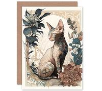 Artery8 Sphynx Cat with Flower Blooms Modern Art Nouveau Portrait Illustration Art Birthday Sealed Greeting Card Plus Envelope Blank inside