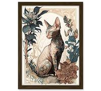 Artery8 Sphynx Cat with Flower Blooms Modern Art Nouveau Portrait Illustration Artwork Framed A3 Wall Art Print