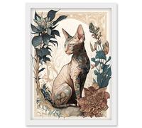Artery8 Sphynx Cat with Flower Blooms Modern Art Nouveau Portrait Illustration Artwork Framed Wall Art Print A4