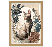 Sphynx Cat with Flower Blooms Modern Art Nouveau Portrait Illustration Artwork Framed Wall Art Print A4 Artery8 Light Oak One Size
