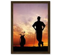 Artery8 Sport Mock Photo Golf Golfer Silhouette Sunset Artwork Framed Wall Art Print A4