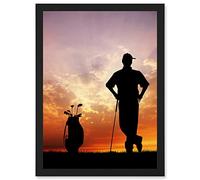 Artery8 Sport Mock Photo Golf Golfer Silhouette Sunset Artwork Framed Wall Art Print A4