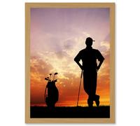 Sport Mock Photo Golf Golfer Silhouette Sunset Artwork Framed Wall Art Print A4 Artery8 Light Oak One Size