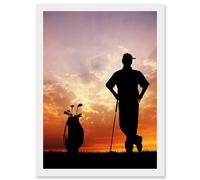 Artery8 Sport Mock Photo Golf Golfer Silhouette Sunset Artwork Framed Wall Art Print A4