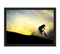 Artery8 Sport MTB Downhill Run Mountain Bike Silhouette Bicycle Sunset Artwork Framed A3 Wall Art Print
