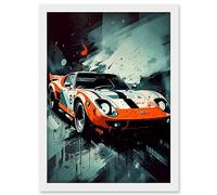 Artery8 Sports Car Racing Oil Painting Sports Supercar Driving Orange Gift for Him Artwork Framed A3 Wall Art Print