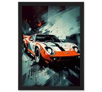 Artery8 Sports Car Racing Oil Painting Sports Supercar Driving Orange Gift for Him Artwork Framed A3 Wall Art Print