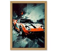 Artery8 Sports Car Racing Oil Painting Sports Supercar Driving Orange Gift for Him Artwork Framed A3 Wall Art Print