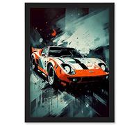 Artery8 Sports Car Racing Oil Painting Sports Supercar Driving Orange Gift for Him Artwork Framed Wall Art Print A4