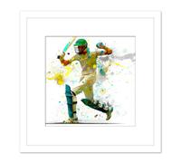 Artery8 Sports Cricket Batsman Motion Throw Splatter Oil Painting Square Wooden Framed Wall Art Print Picture 8X8 Inch in White Artery8 White