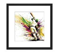 Artery8 Sports in Motion Cricket Batsman Splatter Style Painting Square Wooden Framed Wall Art Print Picture 8X8 Inch in Black Artery8 Black