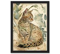 Artery8 Spotted Fur Coat Bengal Cat in Nature Pastel Watercolour Illustration Artwork Framed Wall Art Print A4 in Black Artery8 Black