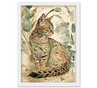 Spotted Fur Coat Bengal Cat in Nature Pastel Watercolour Illustration Artwork Framed Wall Art Print A4 Artery8 White One Size