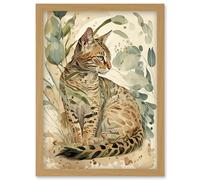 Spotted Fur Coat Bengal Cat in Nature Pastel Watercolour Illustration Artwork Framed Wall Art Print A4 Artery8 Light Oak One Size