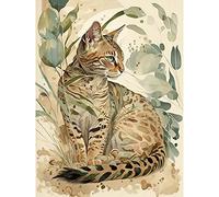 Artery8 Spotted Fur Coat Bengal Cat in Nature Pastel Watercolour Illustration Large XL Wall Art Canvas Print