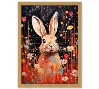 Artery8 Spring Bliss Oil Painting Cute Bunny Rabbit in a Daisy Flower Meadow Kids Bedroom Artwork Framed A3 Wall Art Print