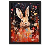 Artery8 Spring Bliss Oil Painting Cute Bunny Rabbit in a Daisy Flower Meadow Kids Bedroom Artwork Framed A3 Wall Art Print