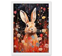 Wall Art Print Spring Bliss Oil Painting Cute Bunny Rabbit in a Daisy Flower Meadow Kids Bedroom Artwork Framed A4 Artery8 White A4