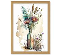 Artery8 Spring Flower Bouquet In Glass Wine Bottle Vase Artwork Framed A3 Wall Art Print