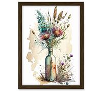 Artery8 Spring Flower Bouquet In Glass Wine Bottle Vase Artwork Framed A3 Wall Art Print
