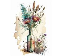 Artery8 Spring Flower Bouquet In Glass Wine Bottle Vase Premium Wall Art Canvas Print 18X24 Inch