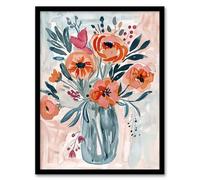 Artery8 Spring Flower Bouquet Pink Blue Boho Floral Vase Living Room Artwork Framed Wall Art Print A4