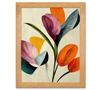 Artery8 Spring Flowers & Boho Floral Bouquet - Bold Abstract Art - Oak Wood Framed Print