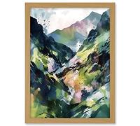 Artery8 Spring Mountain Slope Landscape Modern Linocut Illustration Print Artwork Framed A3 Wall Art Print