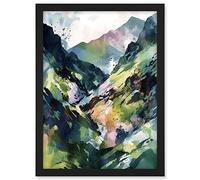 Artery8 Spring Mountain Slope Landscape Modern Linocut Illustration Print Artwork Framed A3 Wall Art Print