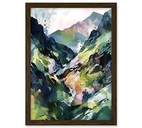 Artery8 Spring Mountain Slope Landscape Modern Linocut Illustration Print Artwork Framed A3 Wall Art Print