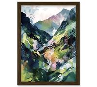 Artery8 Spring Mountain Slope Landscape Modern Linocut Illustration Print Artwork Framed Wall Art Print A4