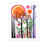 Artery8 Spring Sunset Forest Colourful Linocut Design Living Room Extra Large XL Wall Art Poster Print