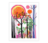 Artery8 Spring Sunset Forest Colourful Linocut Design Wall Art Print in Pink | Size: W12" x H16" Artery8 Pink W12" x H16"
