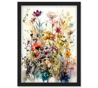 Artery8 Spring Wild Flowers Watercolour Colourful Floral Blooms Painting Artwork Framed Wall Art Print A4
