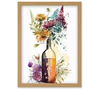 Artery8 Spring Wildflower Bouquet in a Glass Wine Bottle Artwork Framed Wall Art Print A4 in Light Oak Artery8 Light Oak