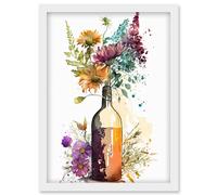 Artery8 Spring Wildflower Bouquet in a Glass Wine Bottle Artwork Framed Wall Art Print A4 in White Artery8 White