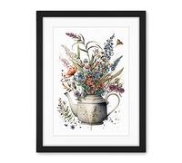 Artery8 Spring Wildflower Bouquet in White Ceramic Teapot Artwork Framed Wall Art Print 18X24 Inch