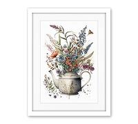 Artery8 Spring Wildflower Bouquet in White Ceramic Teapot Artwork Framed Wall Art Print 18X24 Inch
