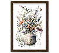 Artery8 Spring Wildflower Bouquet in White Ceramic Teapot Artwork Framed Wall Art Print A4