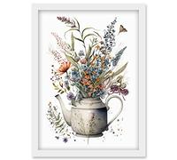 Artery8 Spring Wildflower Bouquet in White Ceramic Teapot Artwork Framed Wall Art Print A4