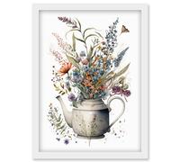 Artery8 Spring Wildflower Bouquet in White Ceramic Teapot Artwork Framed Wall Art Print A4