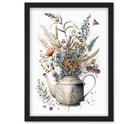 Artery8 Spring Wildflower Bouquet in White Ceramic Teapot Artwork Framed Wall Art Print A4 in Black Artery8 Black