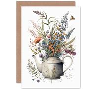 Artery8 Spring Wildflower Bouquet in White Ceramic Teapot Flowers Nature Birthday Card Artery8 Multicolor