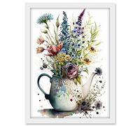 Artery8 Spring Wildflower Floral Bouquet in a Teapot Vase Artwork Framed A3 Wall Art Print
