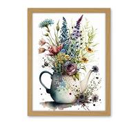 Artery8 Spring Wildflower Floral Bouquet in a Teapot Vase Artwork Framed Wall Art Print 18X24 Inch