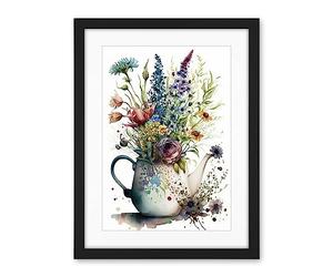 Artery8 Spring Wildflower Floral Bouquet in a Teapot Vase Artwork Framed Wall Art Print 18X24 Inch