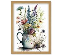 Spring Wildflower Floral Bouquet in a Teapot Vase Artwork Framed Wall Art Print A4 Artery8 Light Oak One Size